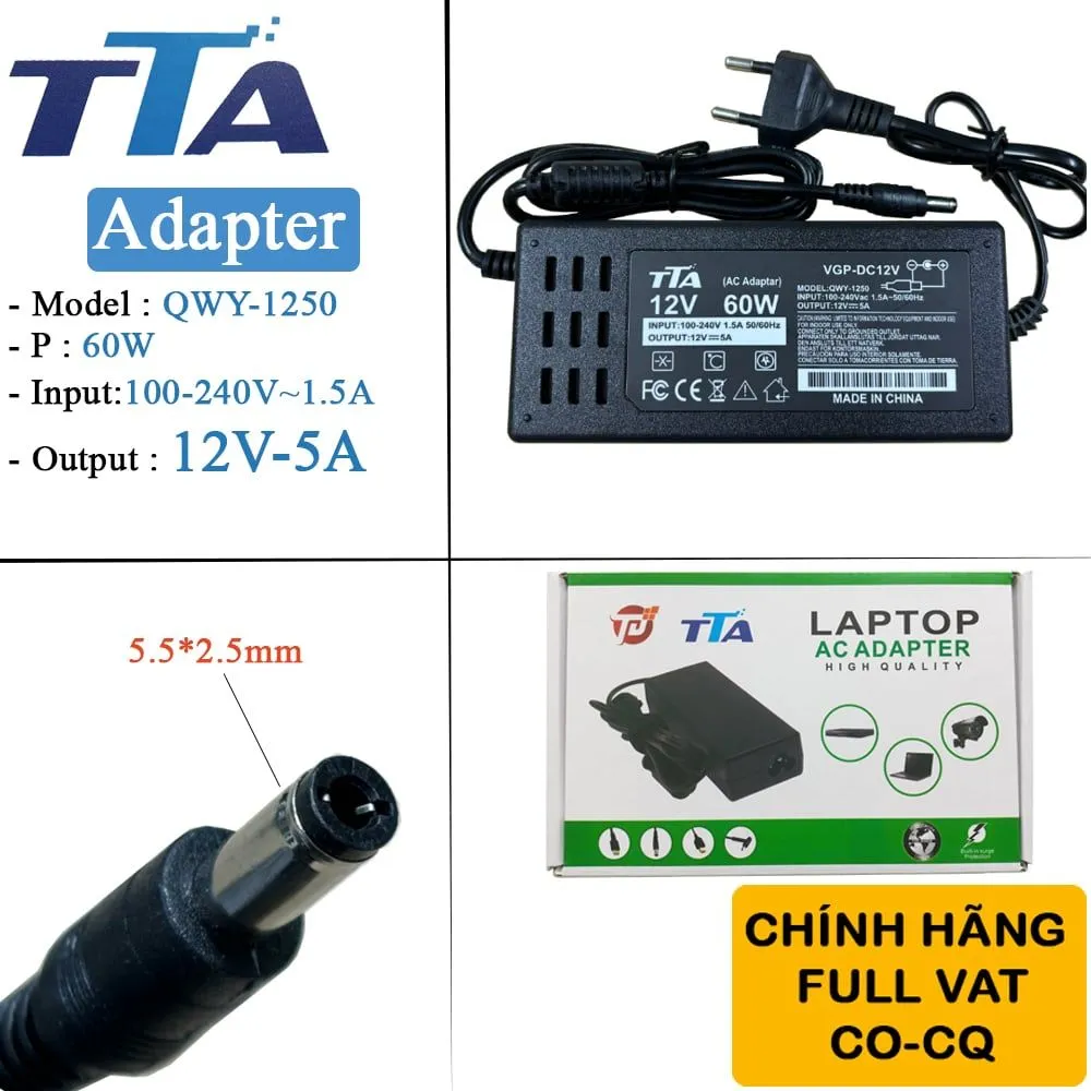 Nguồn adapter DC 12V5A chân 5.5*2.5mm 60W TTA QWY-1250 3