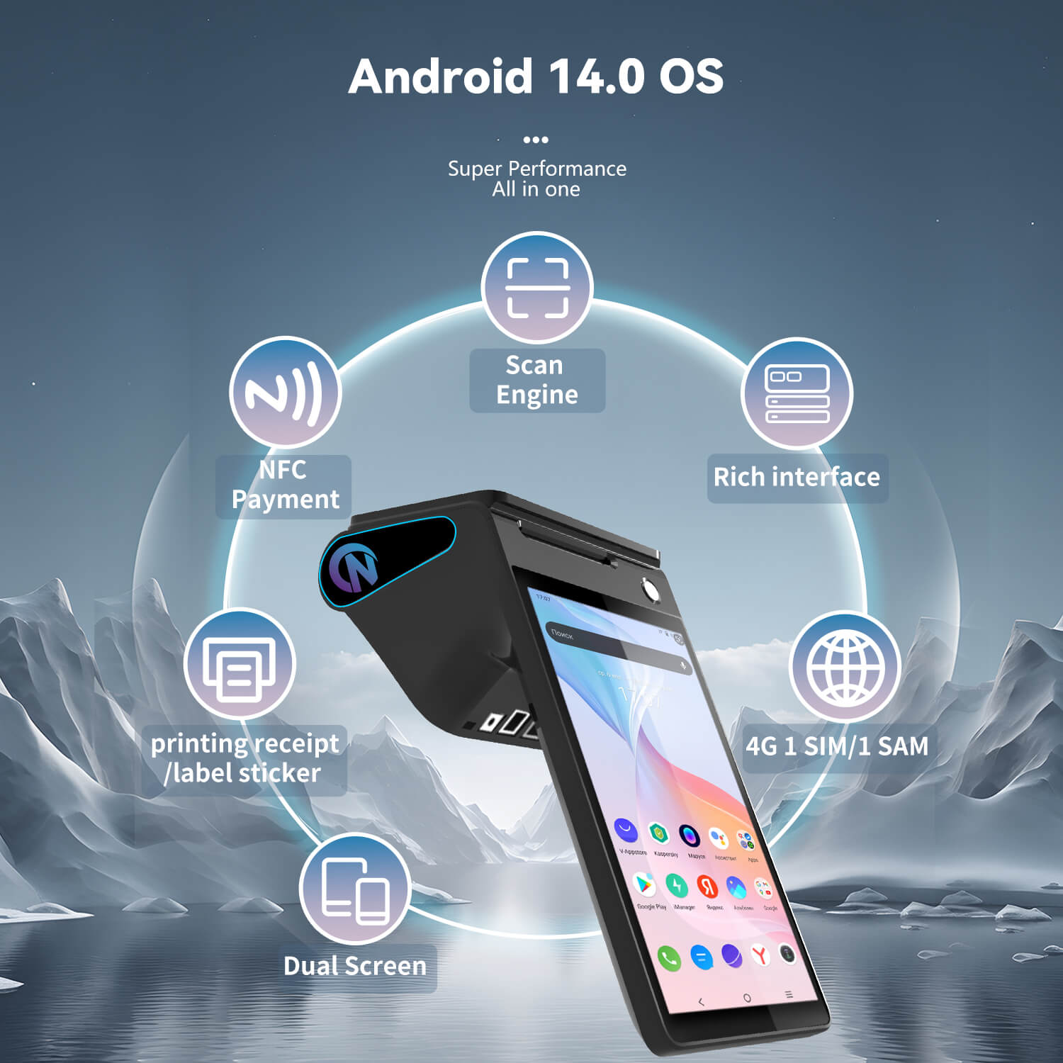 Máy POS thông minh Z108 - Android 14.0, màn hình kép 8 inch, NFC 5