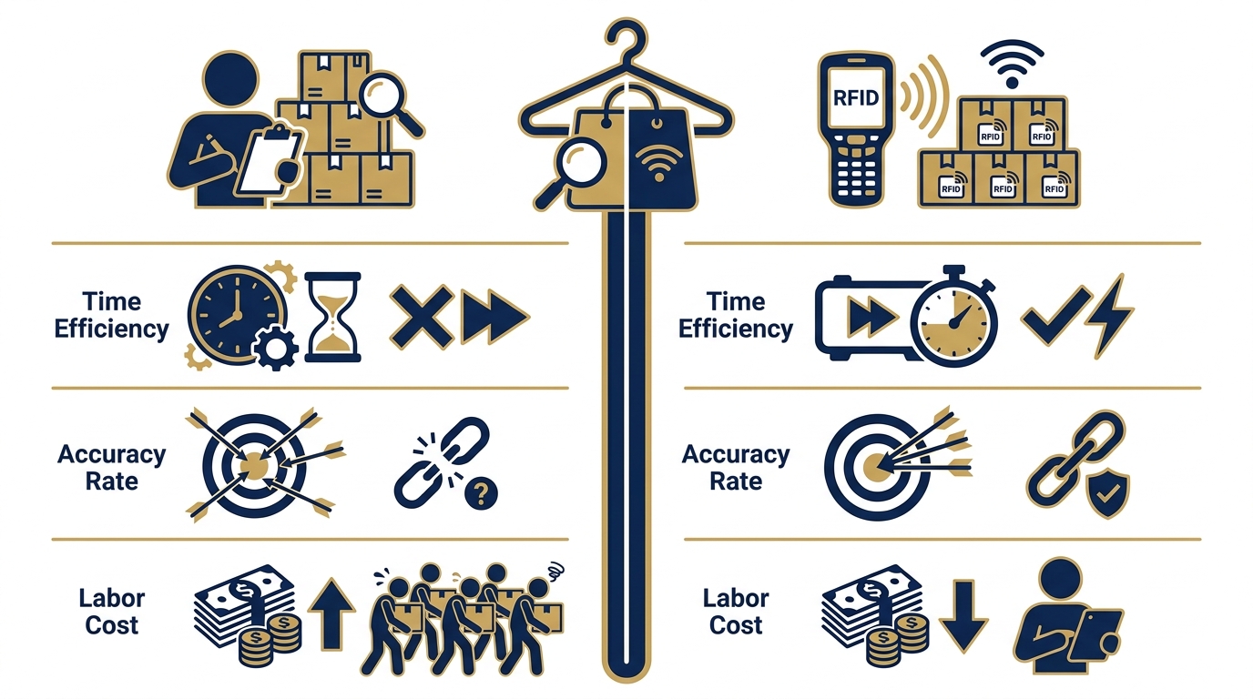 So sánh chi tiết kiểm kê thủ công vs RFID thời trang