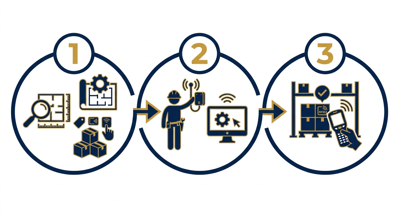 Quy trình triển khai RFID định vị & sắp xếp hàng trong kho gồm những bước nào?