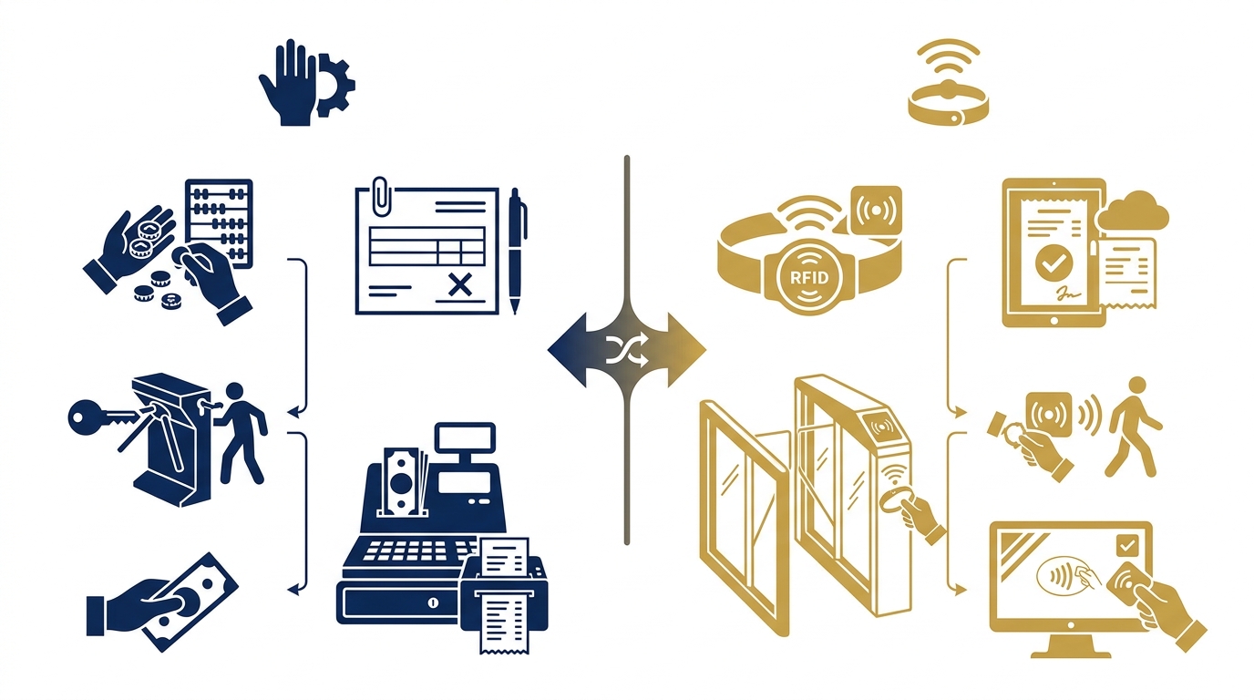 So sánh vận hành thủ công và vận hành bằng phần mềm RFID cashless
