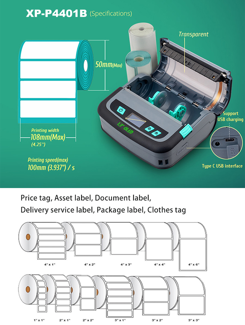 Máy in tem nhãn cầm tay Xprinter XP-P441B khổ 108mm - ảnh 3