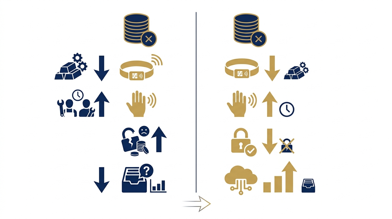 So sánh chi phí vận hành: xu/thẻ truyền thống vs vòng tay RFID