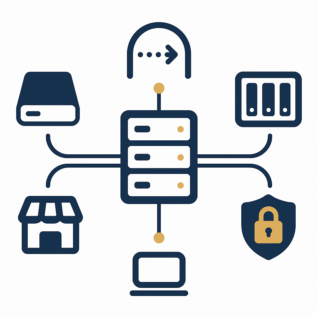 Thiết kế hạ tầng: máy chủ trụ sở, ổ ngoài, NAS và VPN