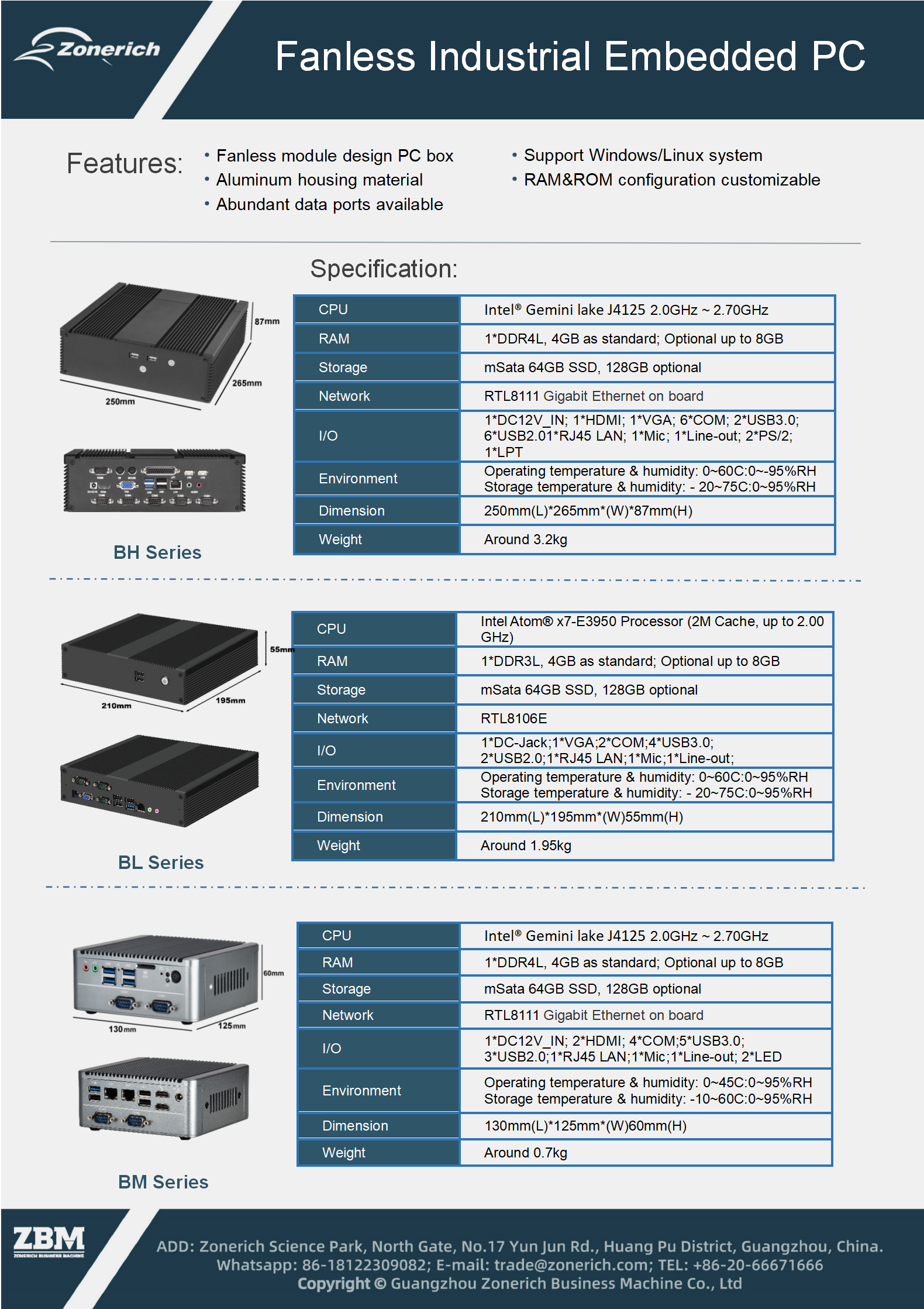 PC nhúng công nghiệp Zonerich BH/BM/BL Series — không quạt, vỏ nhôm, Windows/Linux 2