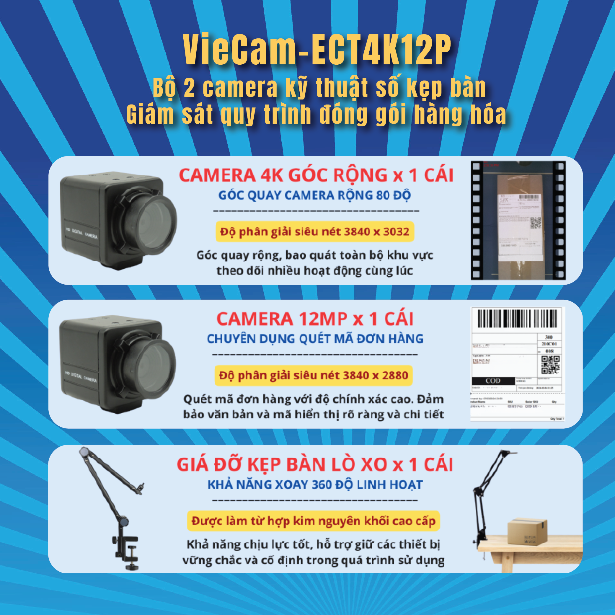 VieCam-ECT4K12P - Combo 2 Camera kẹp Bàn giám sát quy trình đóng gói hàng hóa