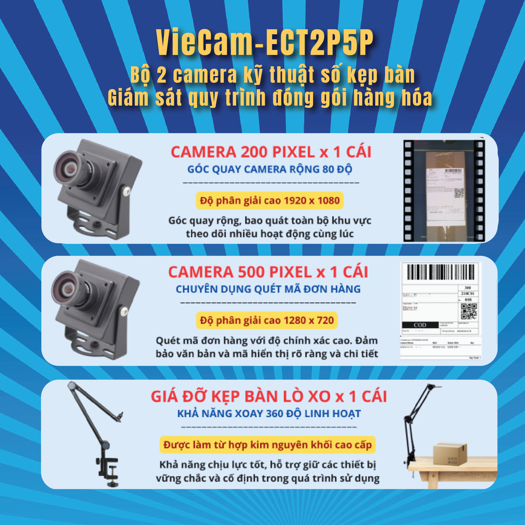 VieCam-ECT2P5P - Combo 2 Camera Kỹ Thuật Số Kẹp Bàn Giám Sát Quy Trình Đóng Gói Hàng Hóa